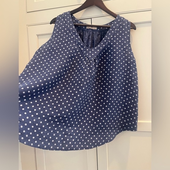 Lands Downunder Womens Blue Polka Dot Tank Top Sz. S/M 100% Linen Flowy V-Neck - Picture 2 of 8